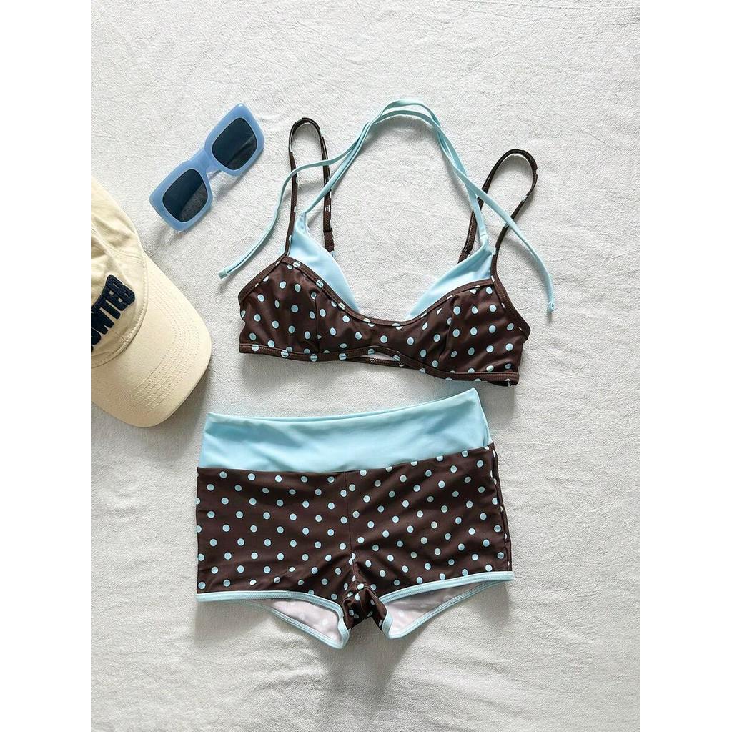 (CÓ SẴN) Set bikini 2 mảnh nâu chấm bi phối xanh đi biển hot trend mùa hè với quần short che bụng dưới – KÈM ẢNH THẬT | BigBuy360 - bigbuy360.vn