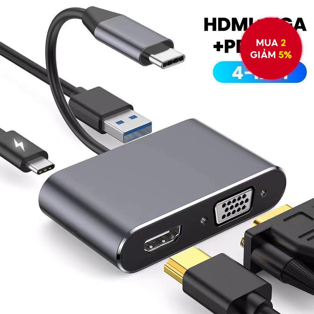 Hub USB 4 trong 1 VGA Laptop 4K HDMI Adapter PD sạc Laptop Type C Docking Station