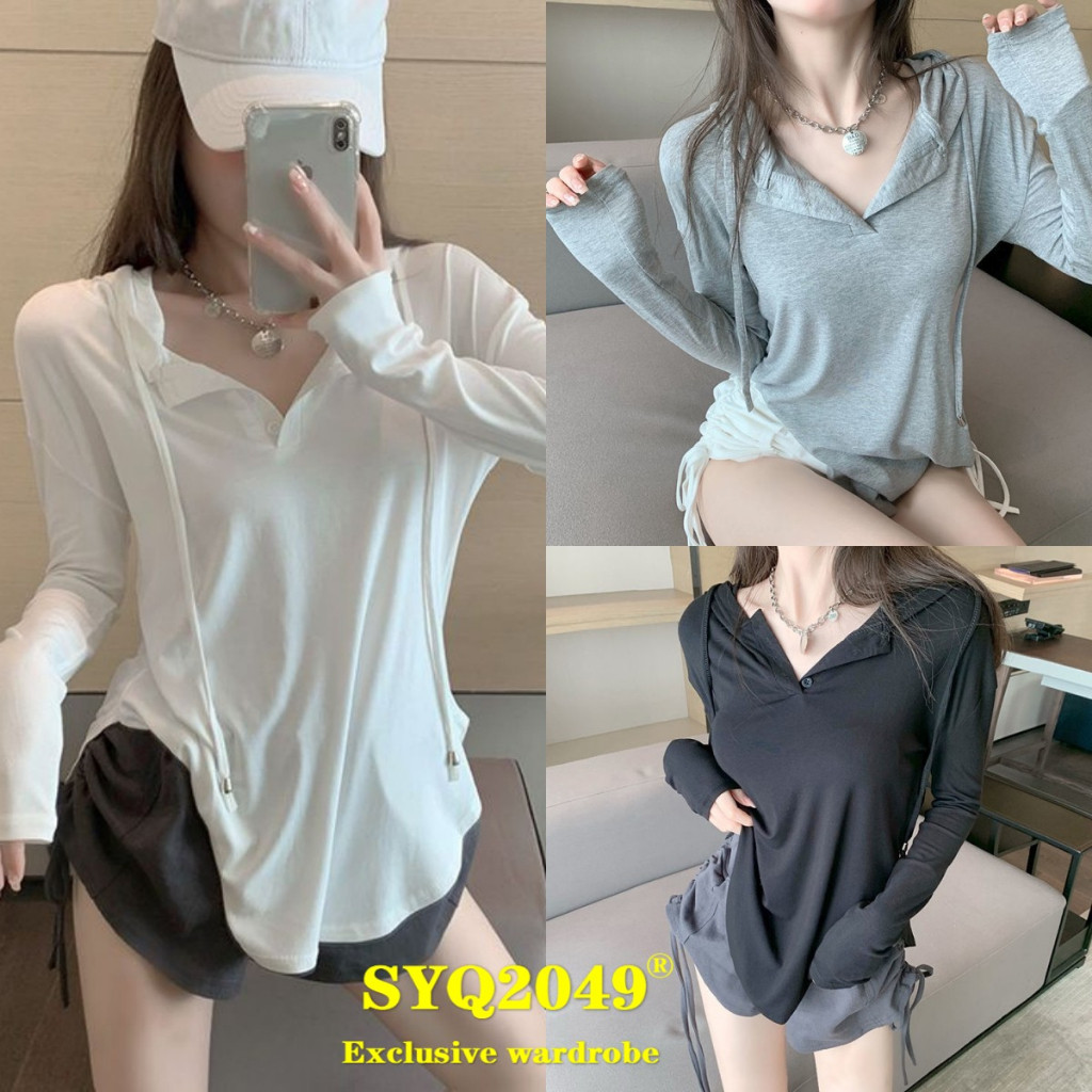 3566YE Áo hoodie dài tay nữ phong cách mỏng Áo hoodie chống nắng Áo hoodie dây rút Áo hoodie chống n