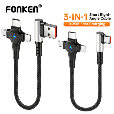 Cáp ngắn sạc nhanh 3 trong 1 Fonken 25CM 66W USB-A / Type-C sang Micro USB / Type-C / iOS Dây dữ liệu cho điện thoại Laptop