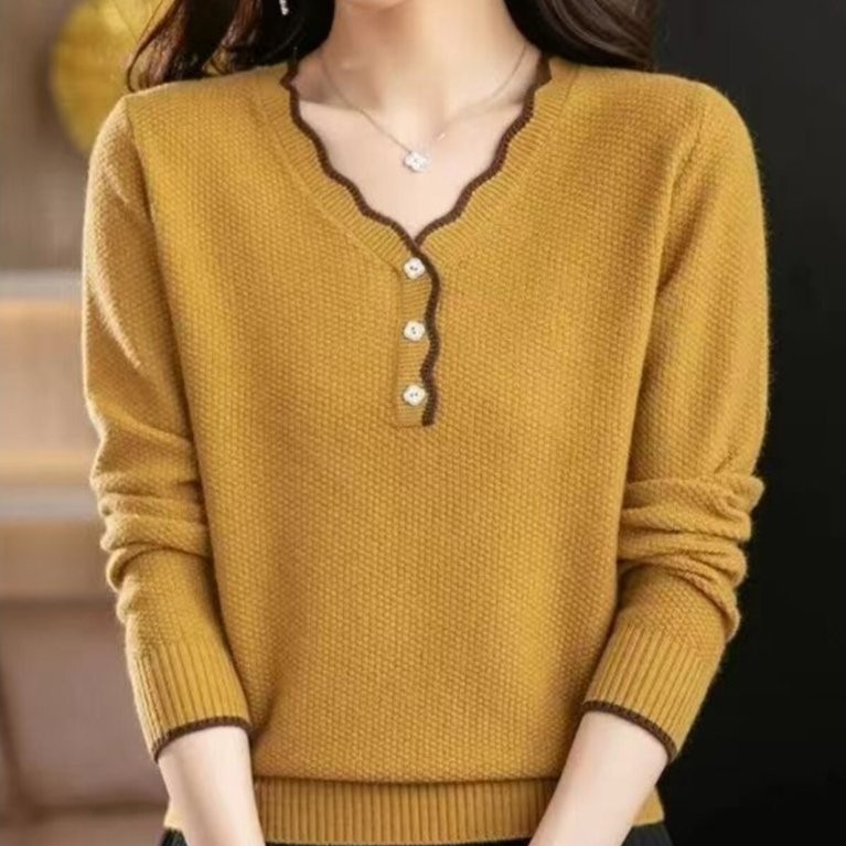 ví miu miu ví tiền nữ Áo thun dệt kim cổ chữ V cổ chữ V có dây buộc giữa