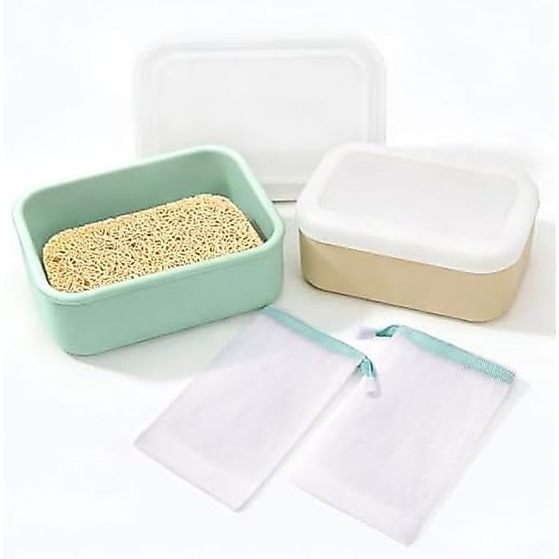 Travel Soap Dish 2pcs - PYRRHIC Leakproof Travel Soap Case with Draining Layer Portable Silicone Soa
