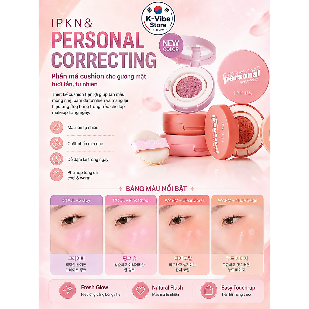 [K-Vibe Store] Má hồng cushion IPKN Personal Tone Cushion Blusher Dear Coral