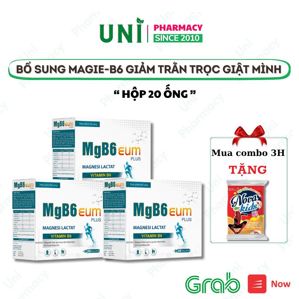 (Mua Combo 3H Tặng Quà ) Combo 3h Magie B6 EUM bổ sung magine giảm trằn trọc cho bé ống uống Hộp 20 
