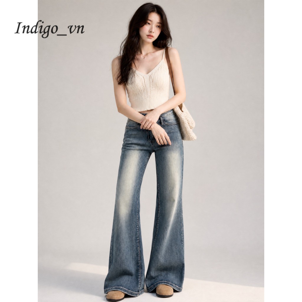 【Indigo】 Quần Jean Nữ Cổ Điển Quần Ống Loe Kéo Co Giãn Thiết Kế Hơi La