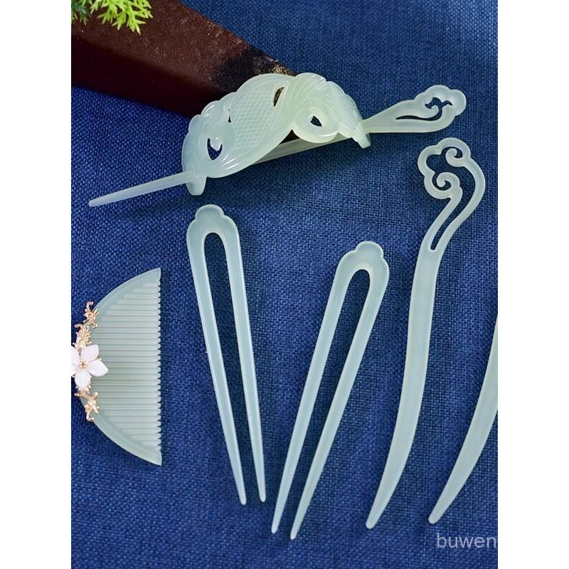 Warring States Áo choàng Mũ giả Ngọc xanh Phụ kiện tóc Cổ Hanfu Quqi Phụ kiện tóc Trọn bộ Vương miện