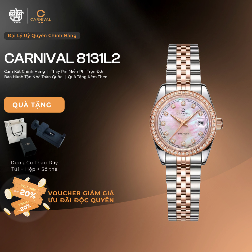  Đồng Hồ Nữ Carnival 8131L2-CH-HK Mặt Xà Cừ Hồng Hàng Chính Hãng 1994s WATCH