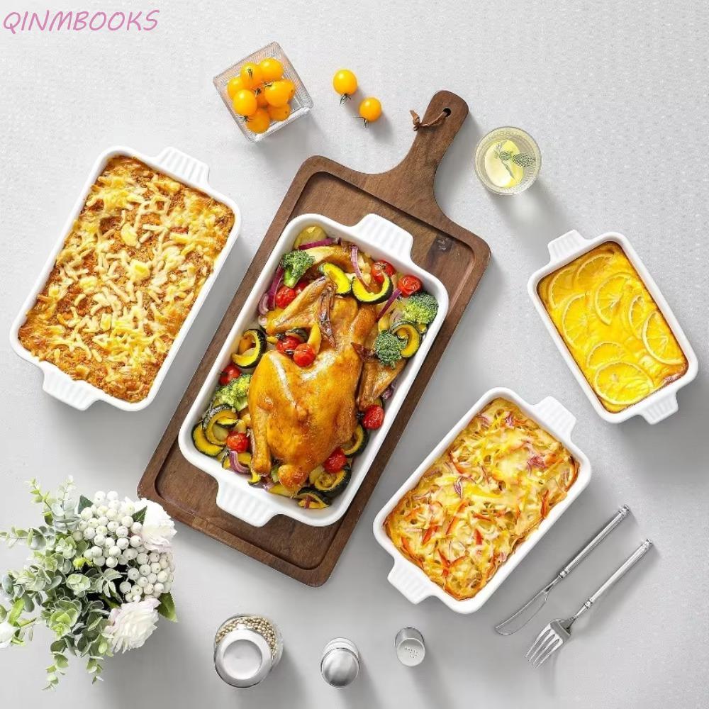 Khay nướng bằng gốm QINMBOOKS, có tay cầm Đĩa nướng làm sâu, Họa tiết sọc hình chữ nhật đa năng Lasa