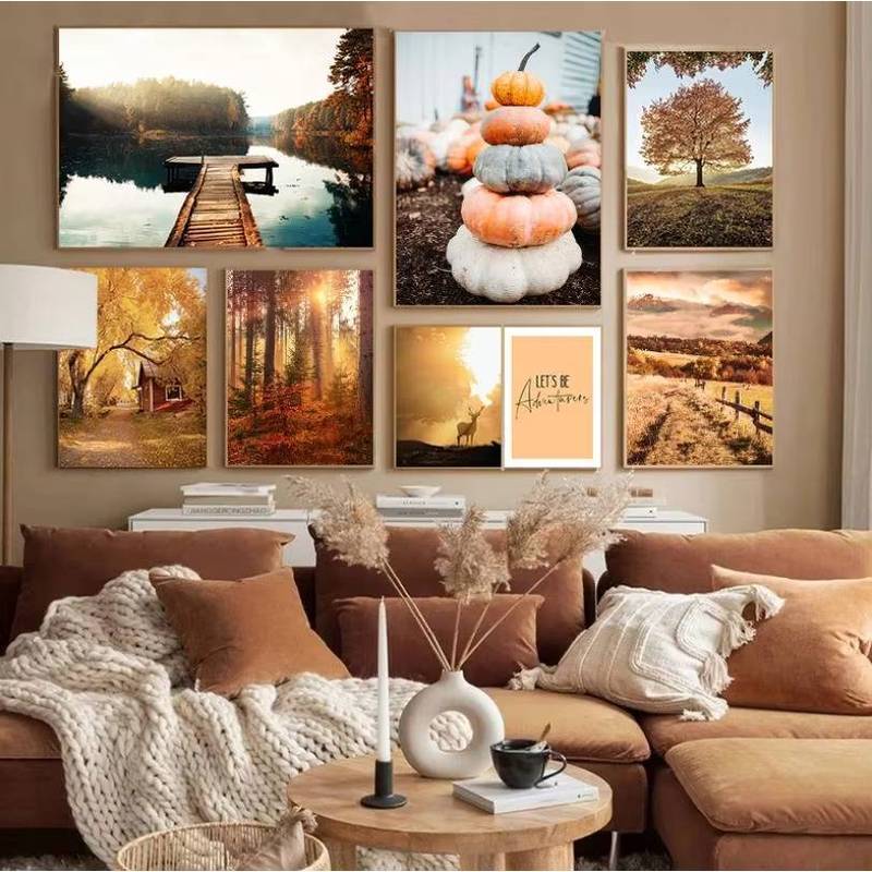 Autumn Country Landscape Lake Tree Animal Deer Forest Canvas Posters Pumpkin Reed Painting Living Ro