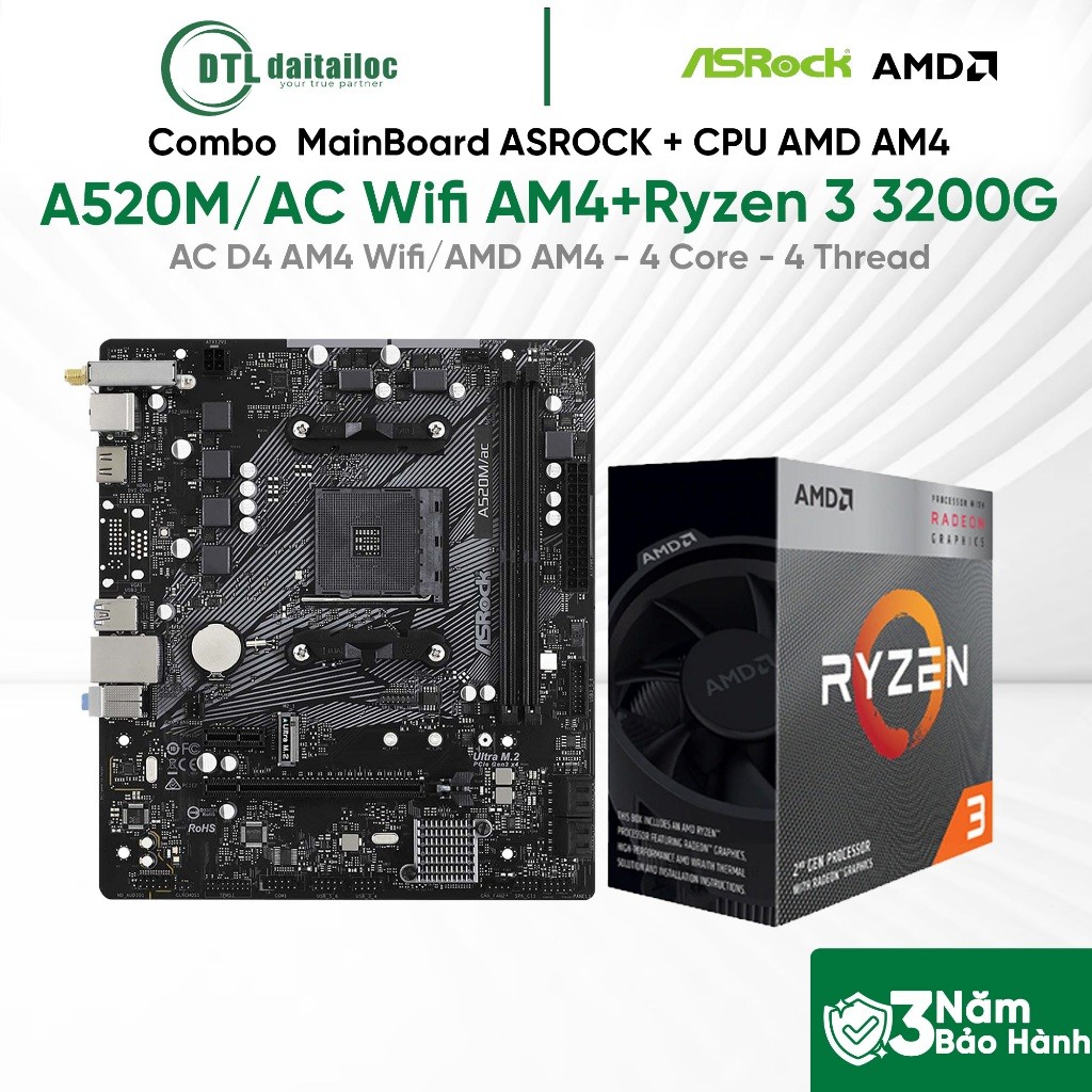 Combo MainBoard ASROCK A520M/AC Wifi AM4 + CPU AMD AM4 Ryzen 3 3200G | Chính Hãng | Bảo Hành 36 thán