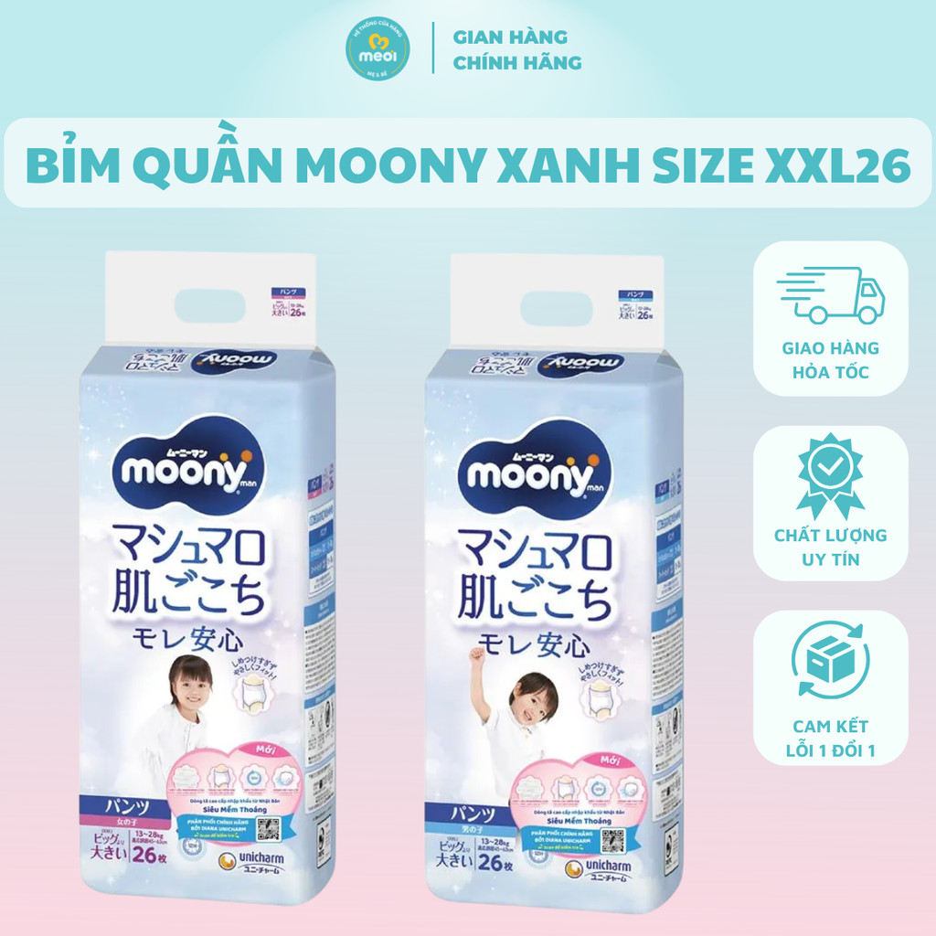 Tã/ Bỉm Quần Moony Xanh Nhập Khẩu, Bỉm Moony Tiêu Chuẩn Size XXL26 cho bé từ 13-28kg