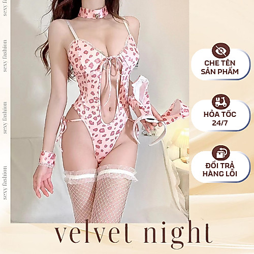 Set Đồ Ngủ Cosplay Thỏ Hồng Chấm Bi Quyến Rũ Sexy, Váy Ngủ Hóa Trang Gợi Cảm Nữ Tính - JS66