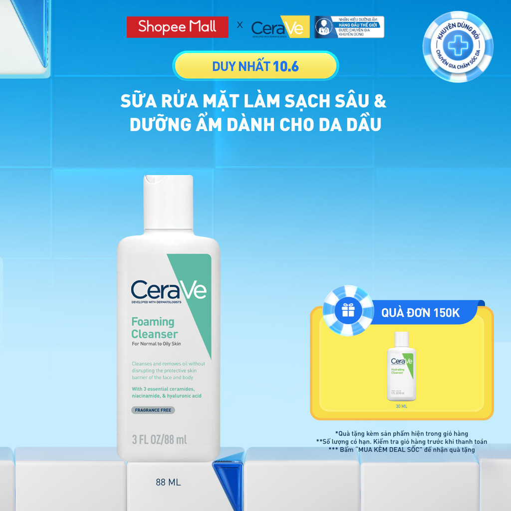 Sữa rửa mặt giúp làm sạch sâu dành cho da dầu  Cerave Foaming Facial Cleanser 88ml