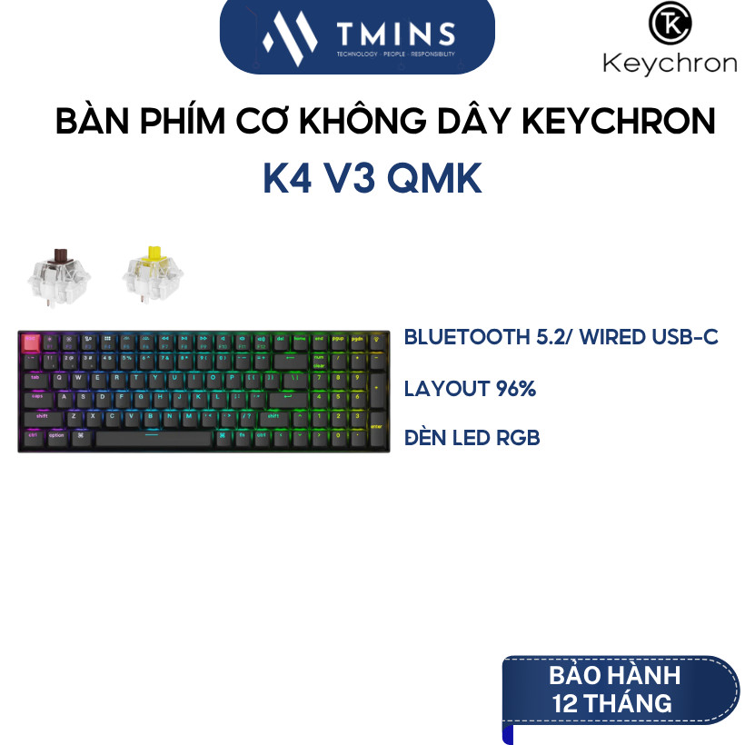 Bàn phím cơ không dây Keychron K4 V3 QMK (RGB/ 96%/ Bluetooth 5.2/ Wired USB-C) - Hàng chính hãng