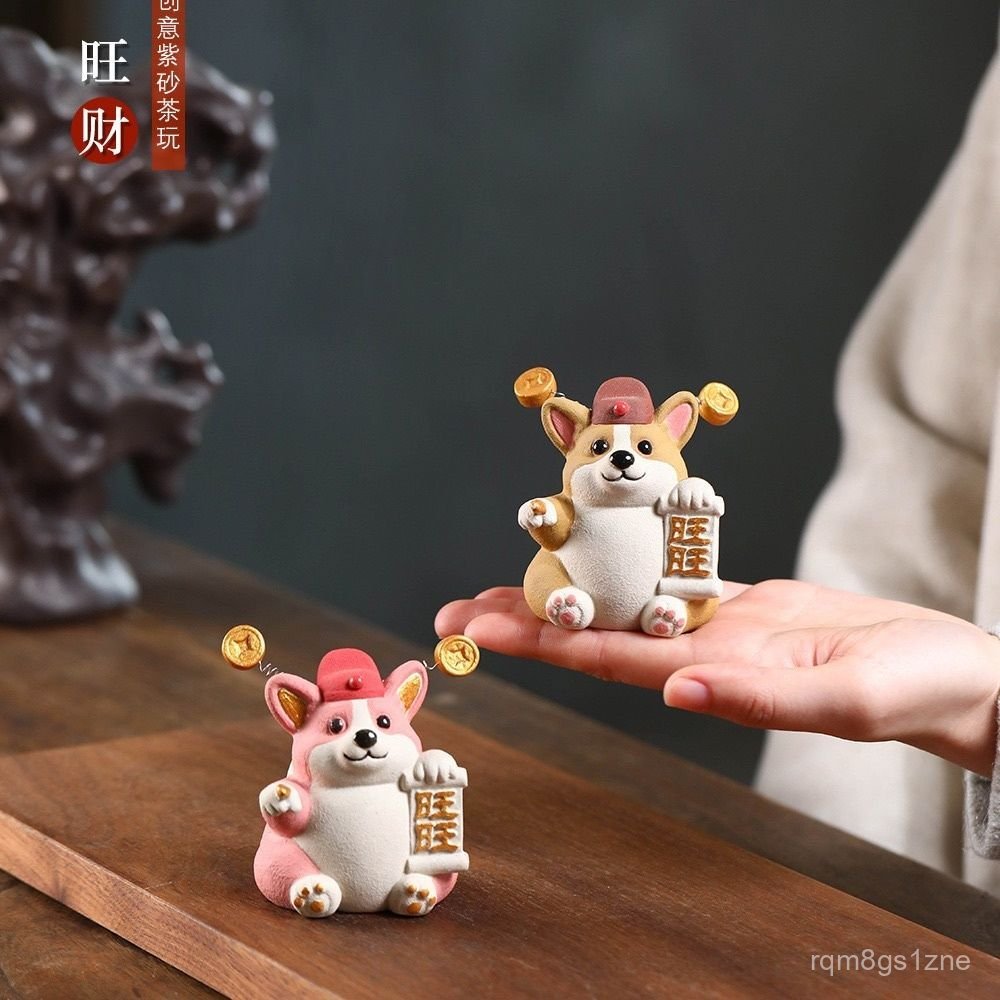 Tượng chó Corgi bằng đất sét Zisha Nghi Hưng, điêu khắc thủ công mang lại may mắn, tượng chó phong t