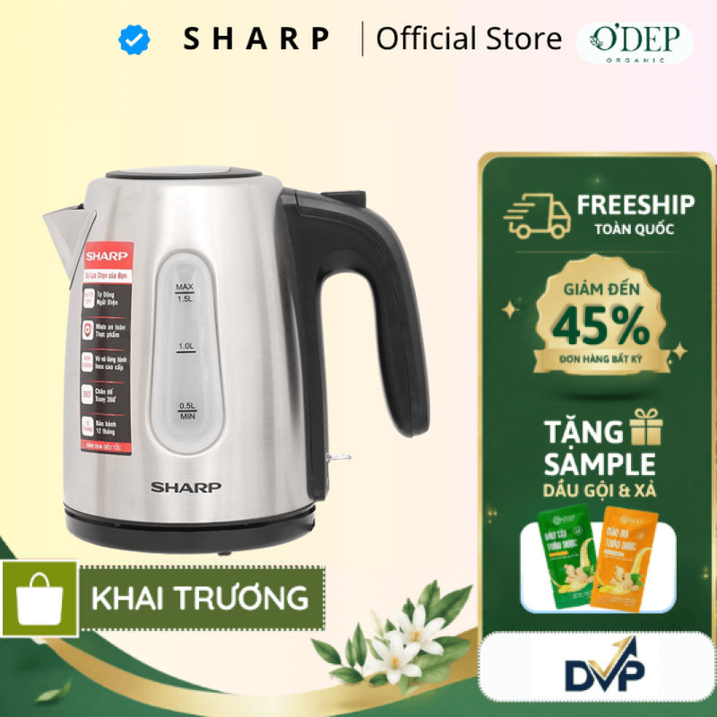 Bình siêu tốc Sharp 1,5 Lít Chính hãng, công suất cao đun sôi nhanh EKJ-15EVS-ST - Thương hiệu Nhật 