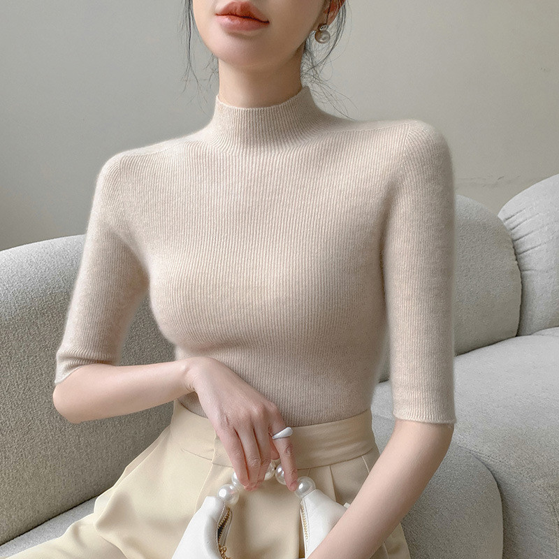 Nửa Cổ Rùa Giữa Tay Dệt Kim Đầu Thu Phong Cách Mới Áo Len Nữ Nửa Tay Andy Lông Cừu Bott