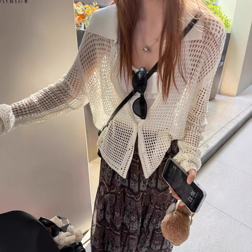 Summer Beige Knit Cardigan with Hollowed-out Long Sleeves and Sun Protection for Women