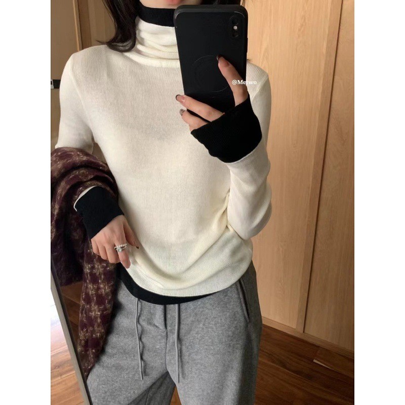 Fake two-piece turtleneck long-sleeve top for women, knitted inner layer