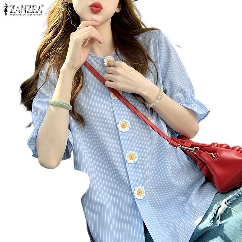 ZANZEA Nữ Hàn Quốc Sọc Màu Trơn 3D Hoa Cổ Tròn Tay Ngắn Rời H-Line Áo | BigBuy360 - bigbuy360.vn
