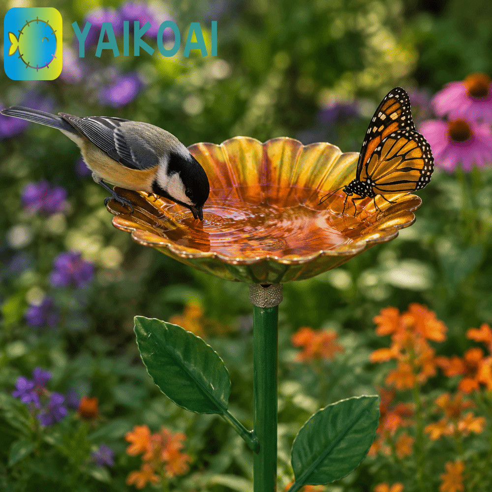GLENES Bee Butterfly Water Dispenser, Garden Stake Flower Design Bee Water Feeder, Bee Bath Iron Tra