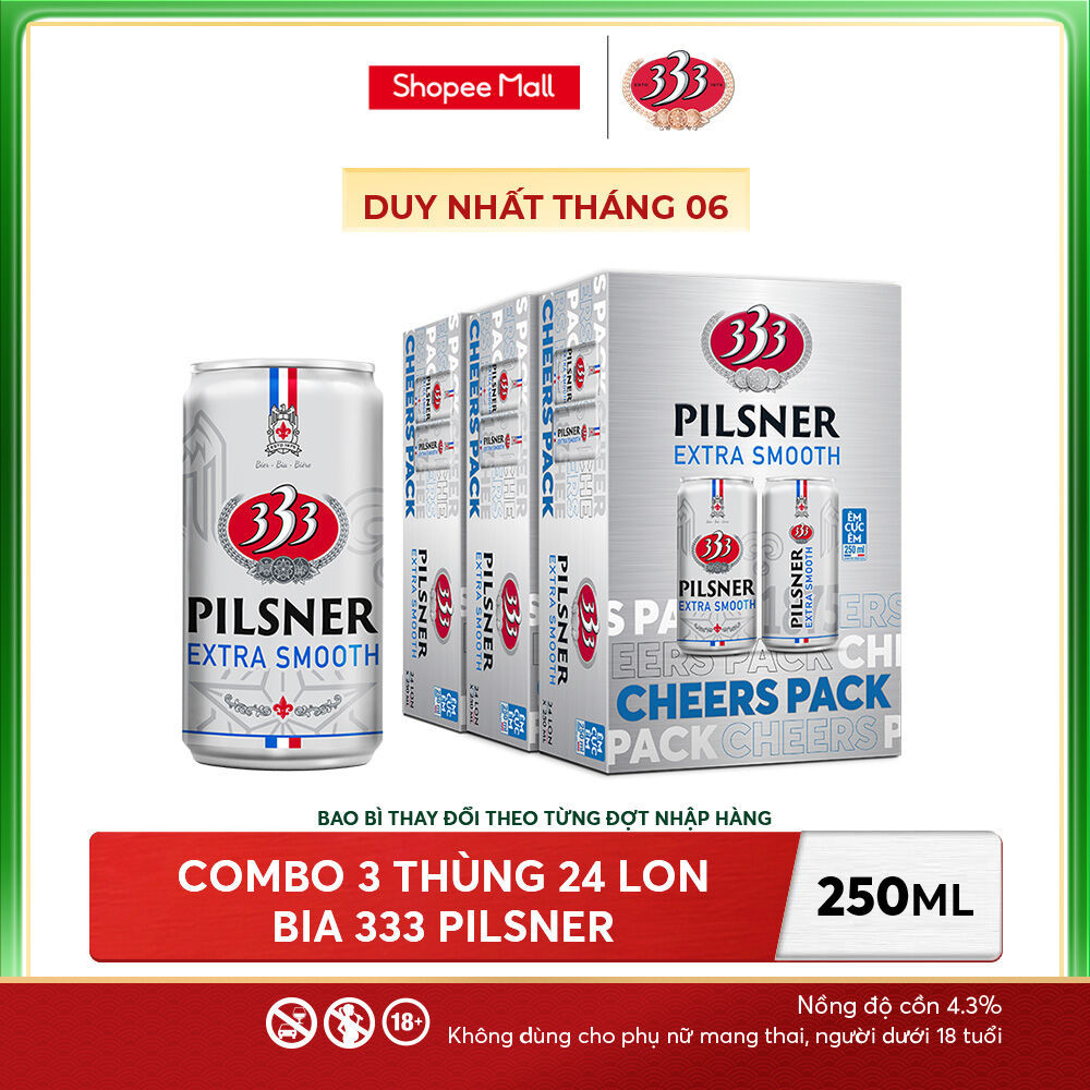 Combo 3 Nồng độ cồn 4.3% - Thùng 24 Bia 333 Pilsner 250ml