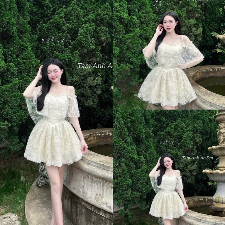 ĐẦM REN LÔNG 2 DÂY TRỄ VAI XOÈ BYJOLIE