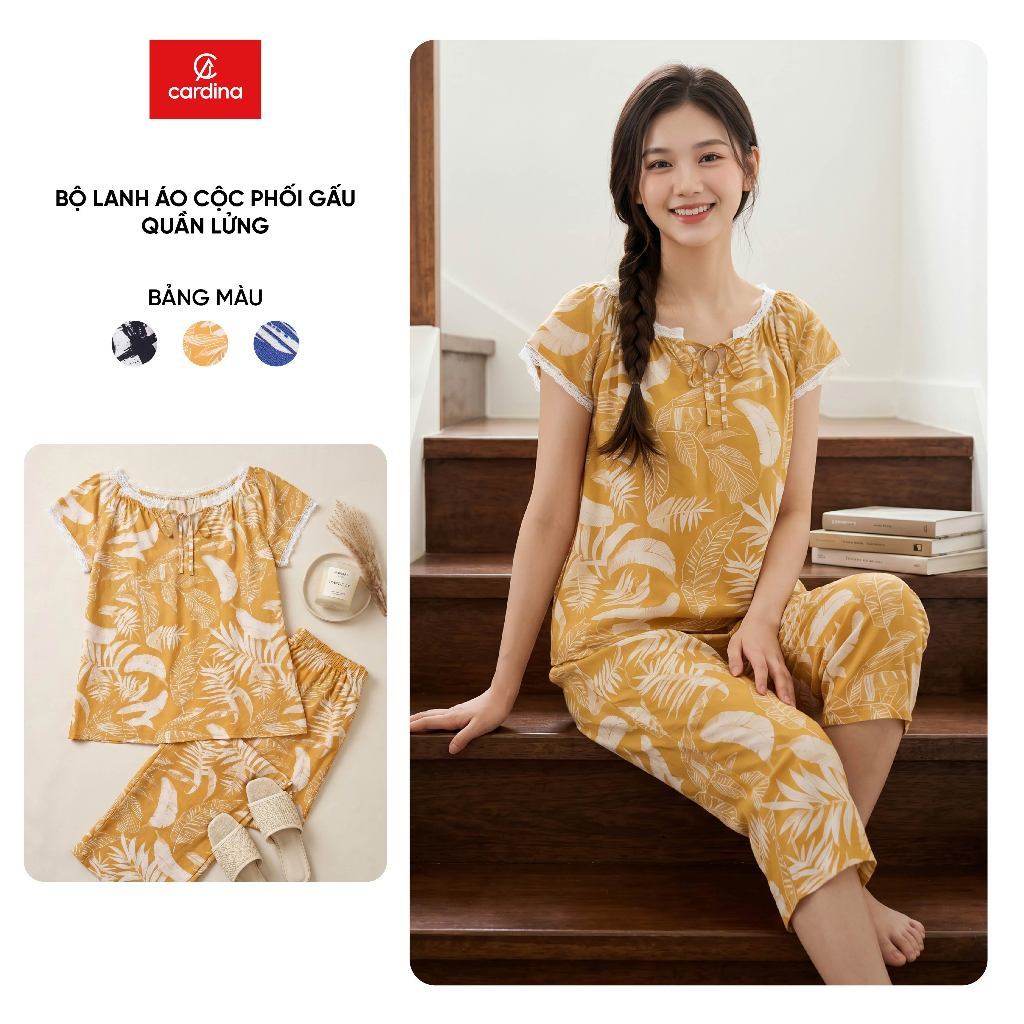 Bộ đồ mặc nhà nữ CARDINA chất liệu lanh áo cộc phối gấu và quần lửng 6BLL05