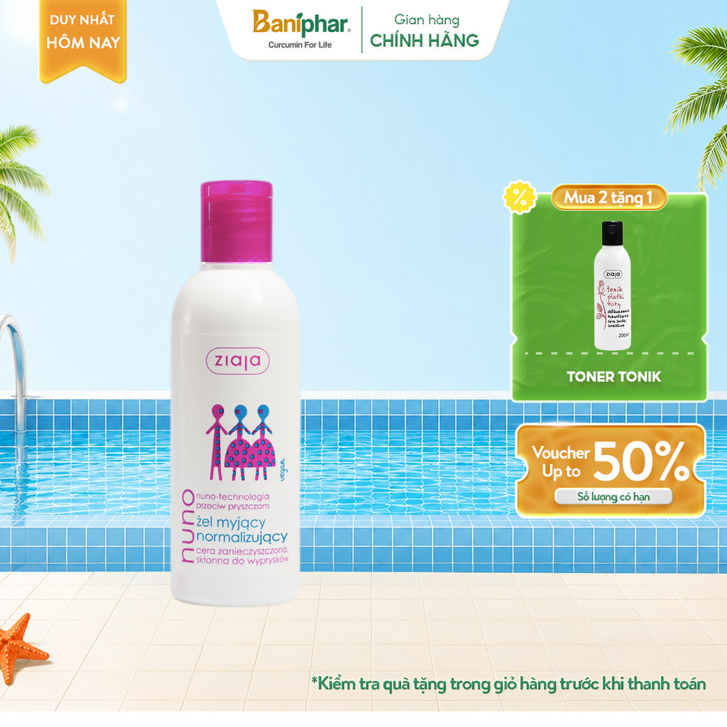 Sữa rửa mặt dạng gel ngừa mụn Ziaja Nuno cho da dầu và da hỗn hợp, không gây kích ứng 200ml