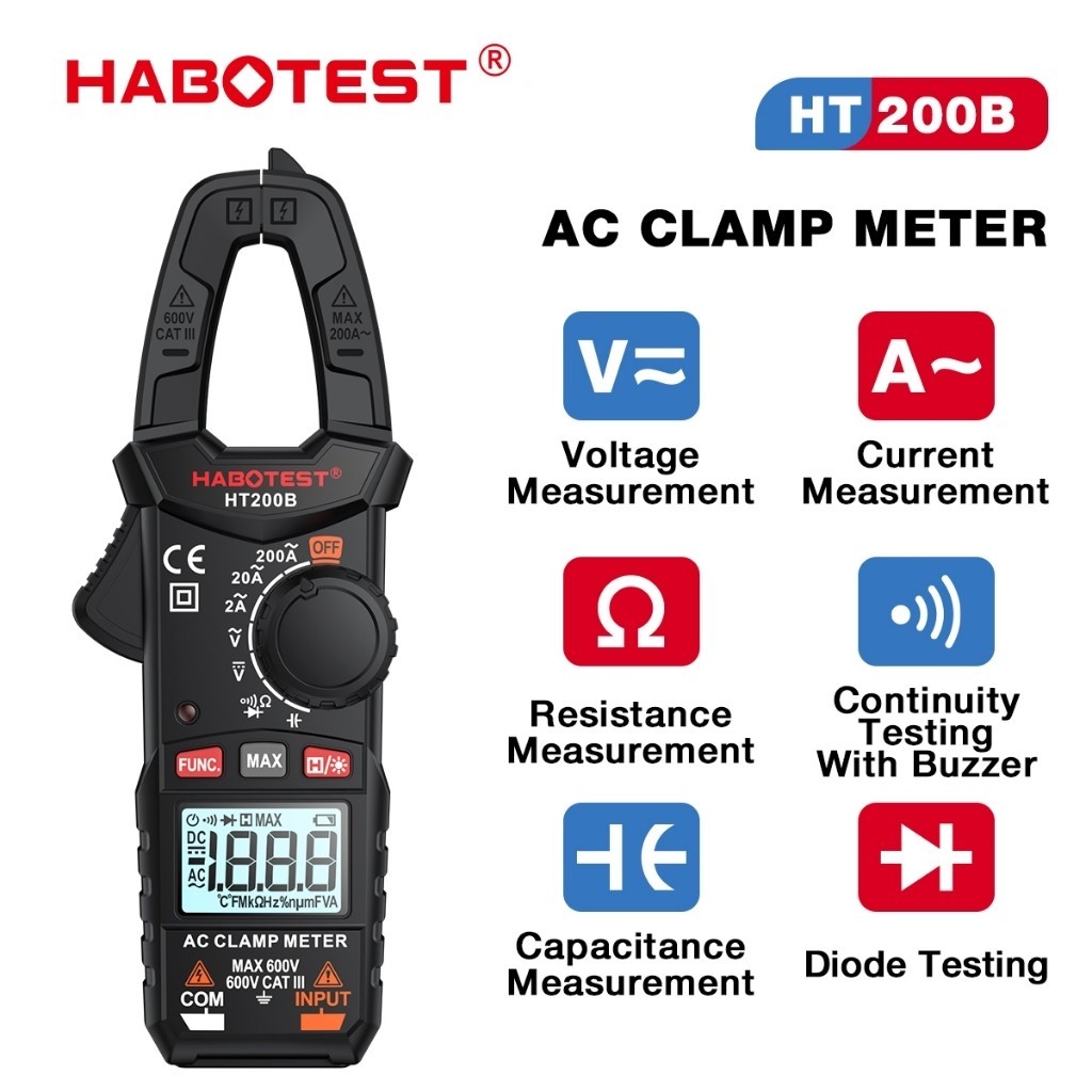 HABOTEST HT200A / B / D AC DC Dòng Điện 200A Kẹp Đồng Hồ Đo Đồng Hồ Đo Điện Áp Capac