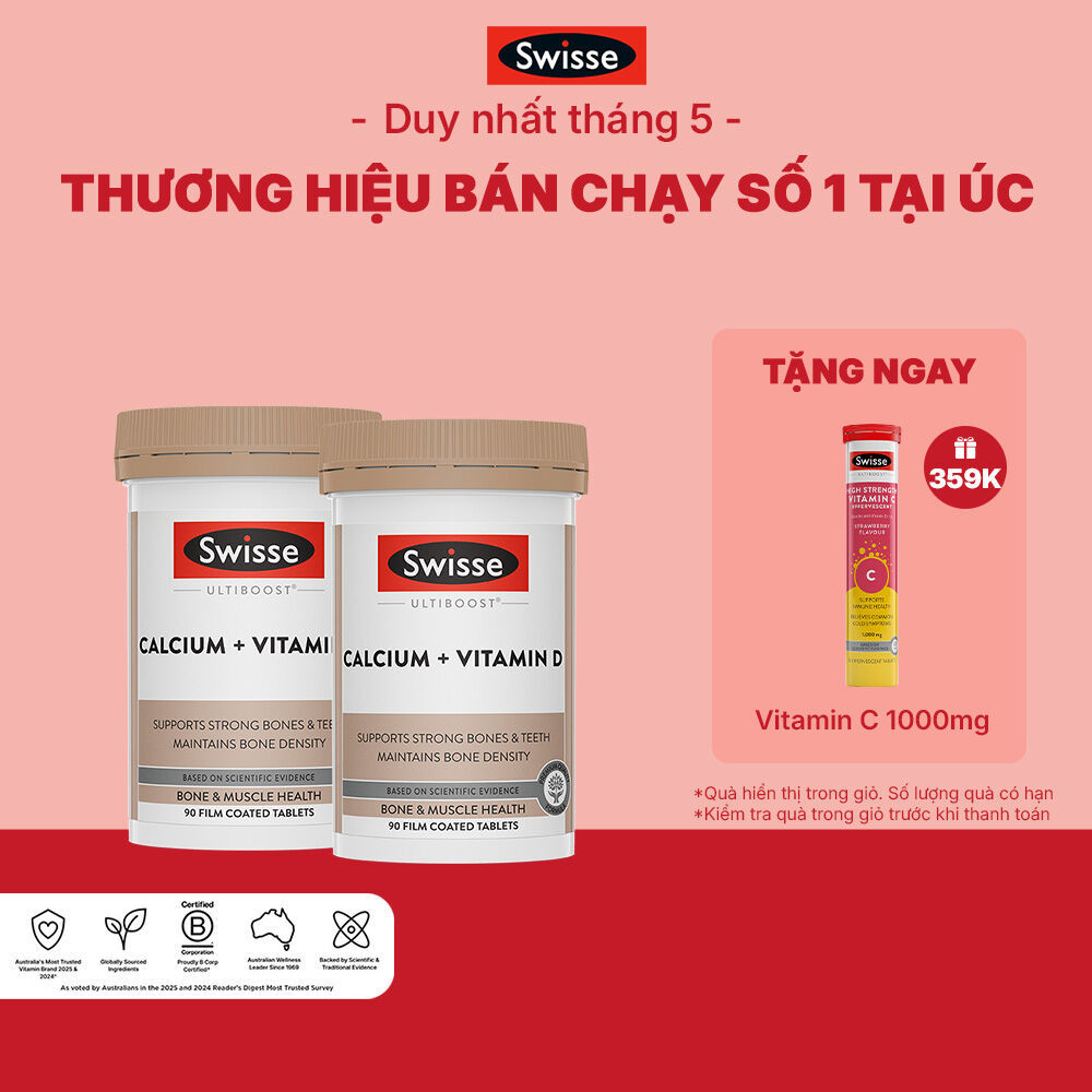 Combo 2 lọ hỗ trợ duy trì mật độ xương Swisse Ultiboost Canxi + Vitamin D3 90 viên