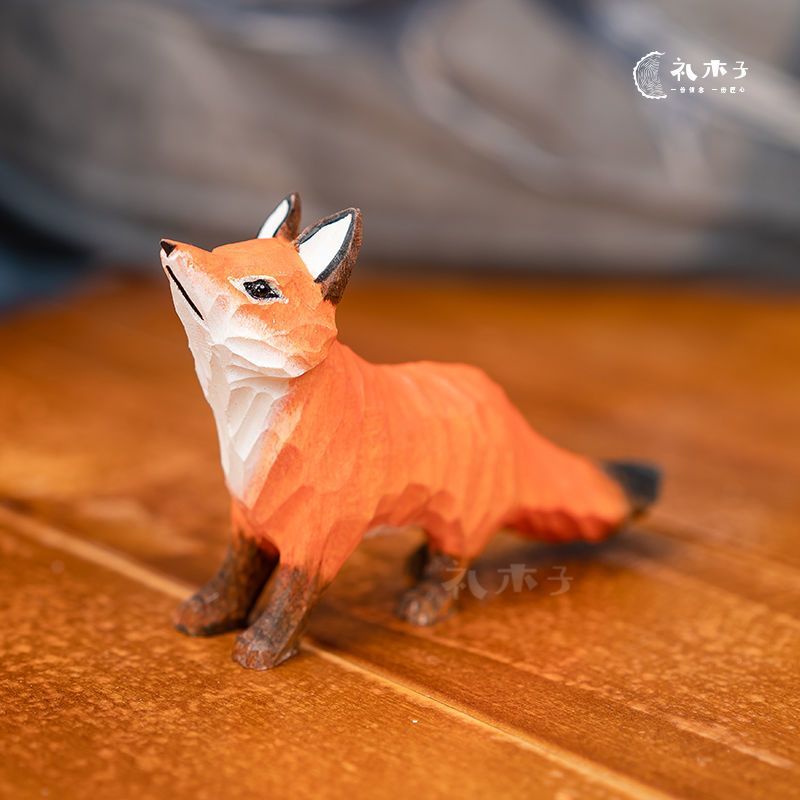 Hand-carved red fox ornament for study, made of solid wood6xx Creative items for home decoration, sm