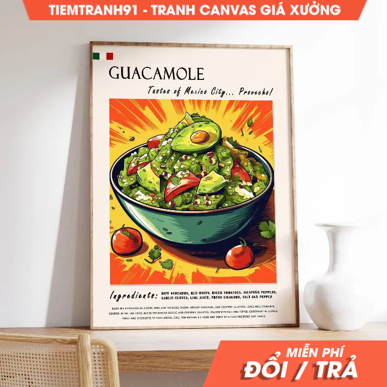 Tranh treo tường, Guacamole Mexican Poster, Mexican Food Art, Mexican Decor, tặng kèm đinh treo, in 
