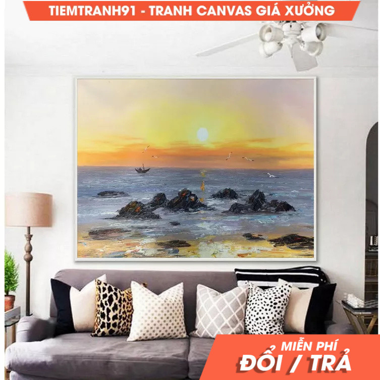 Tranh treo tường, Original Ocean Painting, Sunset Landscape painting, Sea Painting Beach Oil Paintin
