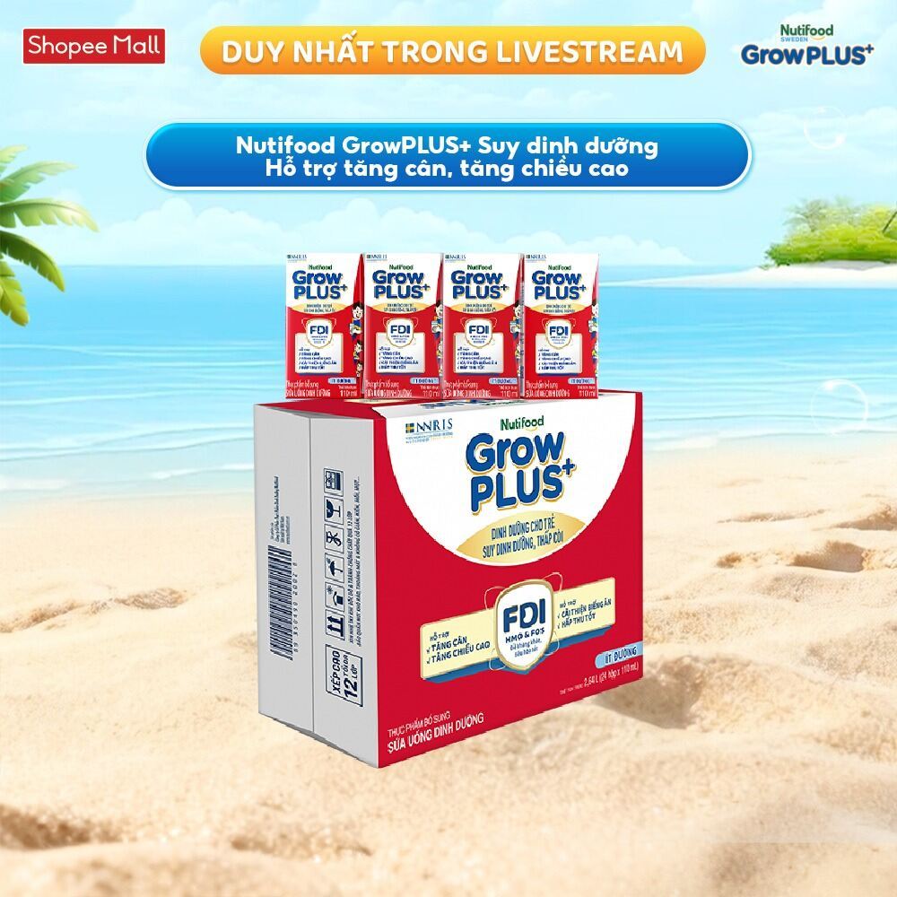 Thùng 24 hộp SBPS Nutifood GrowPLUS+ Suy Dinh Dưỡng (Đỏ) Ít đường 110ml - Tăng Cân, Tăng Chiều Cao (