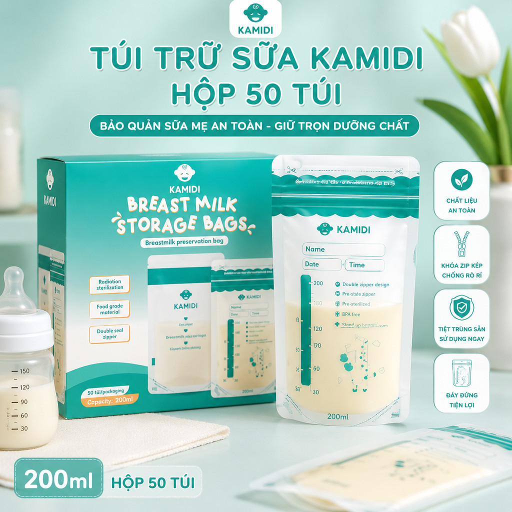 Túi Trữ Sữa Kadimi Hộp 50 Cái 200ml – Giải Pháp Bảo Quản Sữa Mẹ An Toàn, Tiện Lợi Cho Mẹ Bỉm