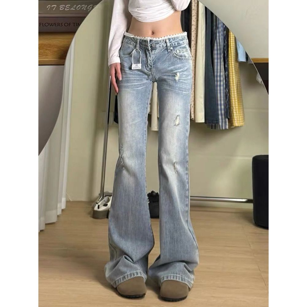 Retro Ren Viền Micro-Flared Jeans Nữ Co Giãn Rời Thẳng Cao Cấp Quần Micro-Flared