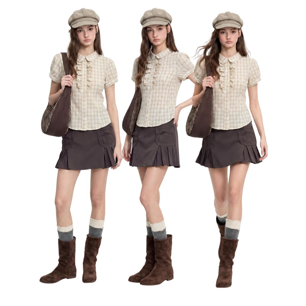Beige Plaid Cotton Blouse – Áo sơ mi caro be cổ Peter Pan THE L STUDIOS