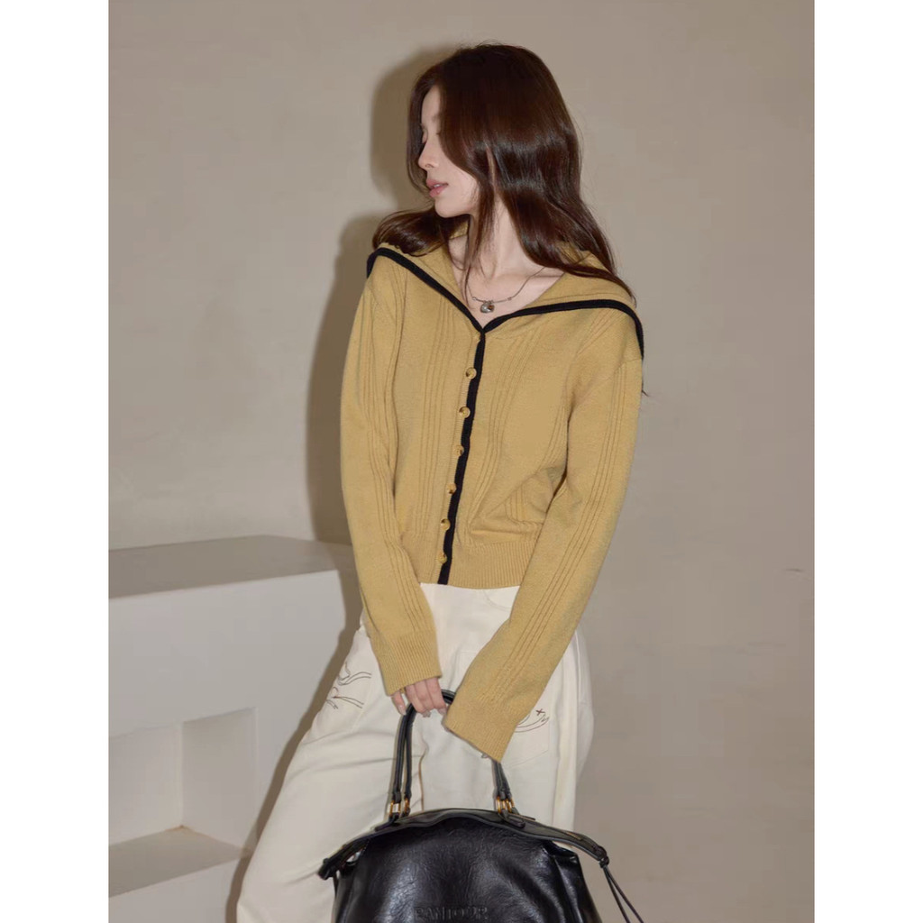 Yellow navy collar patchwork knit sweater for women2025Early winter high-end casual long-sleeve swea