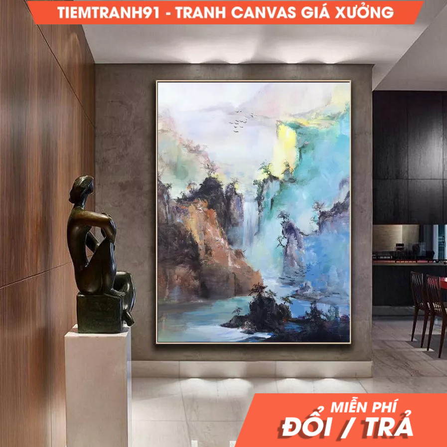 Tranh treo tường, Original Waterfall landscape painting,Large mountain landscape painting on Canvas,