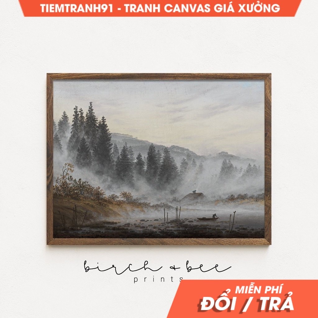 Tranh treo tường Vintage Foggy Mountain Painting  Foggy Forest Rustic Cabin Decor #145, tặng kèm đin