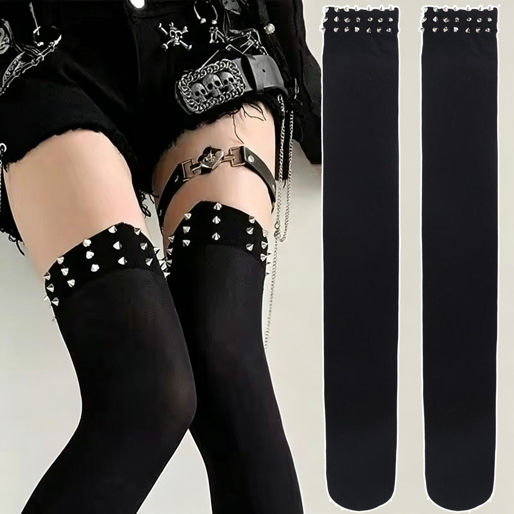Punk Rivet Decor Tất Cao Đùi - Y2K Subculture Vớ Dài - Gothic Gothic Gothic Gothic Gothic Gothic Cos