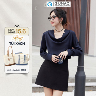 [SALE] Áo sơ mi nữ GUMAC tay dài cổ đổ V có đệm vai màu trắng - xanh đen vải lụa  AE08027
