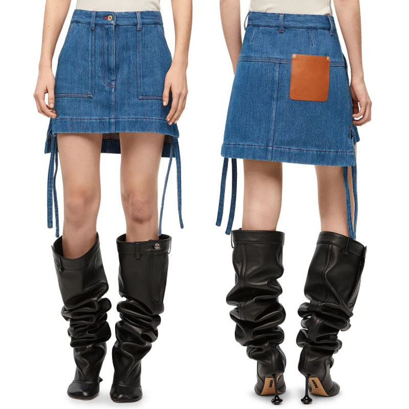 PQ8E Low Pocket leather logo Super fashionable and versatile denim skirt, bodycon short skirt for wo