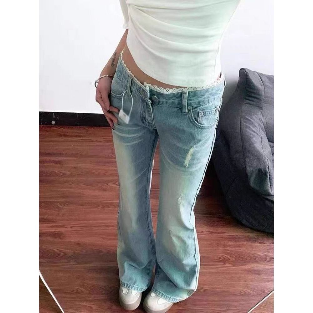 Retro Ren Viền Micro-Flared Jeans Nữ Co Giãn Rời Thẳng Cao Cấp Quần Micro-Flared