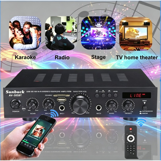 Amply Sunbuck 338ST 3000W, loa siêu trầm, Bluetooth 5.0, cân bằng 2 kênh, RCA, FM, KARAOKE TẠI NHÀ