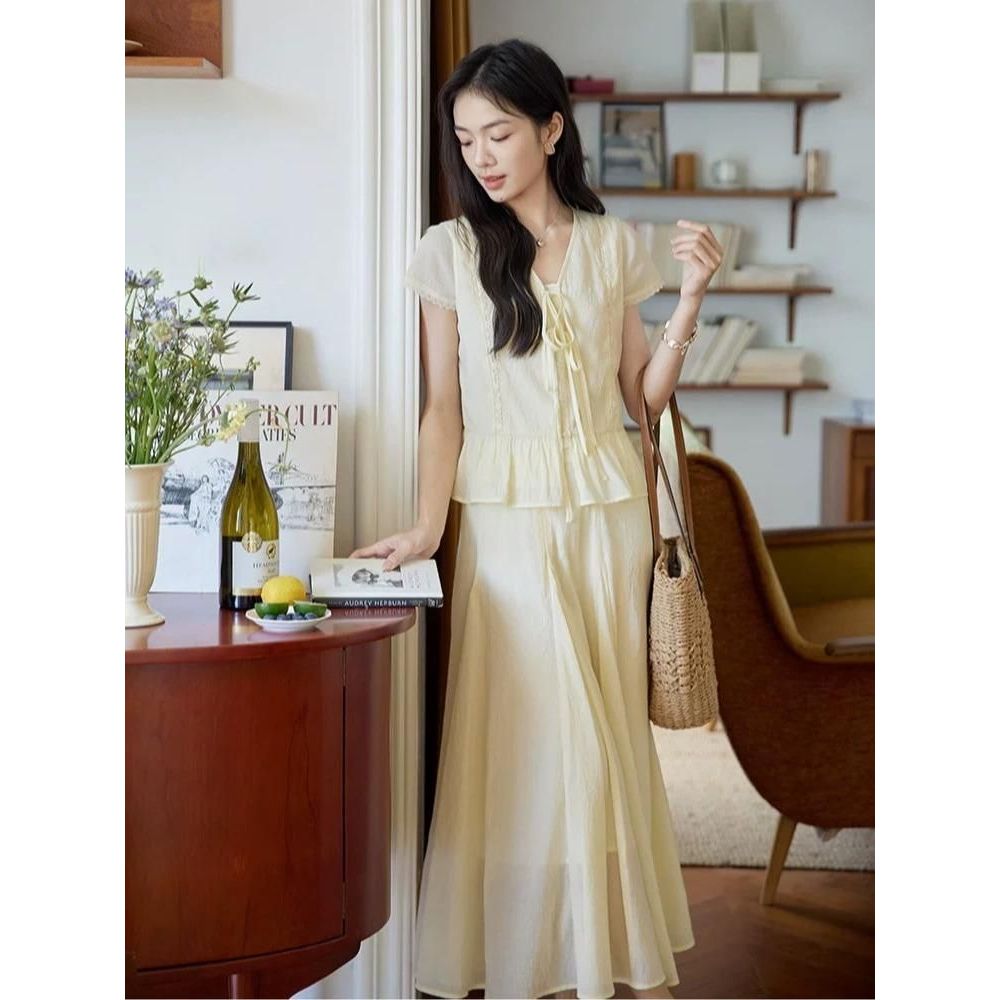 HB - Set Bộ Nữ Dáng Nàng Thơ Áo Peplum Dây Rút Chân Váy Dài S136