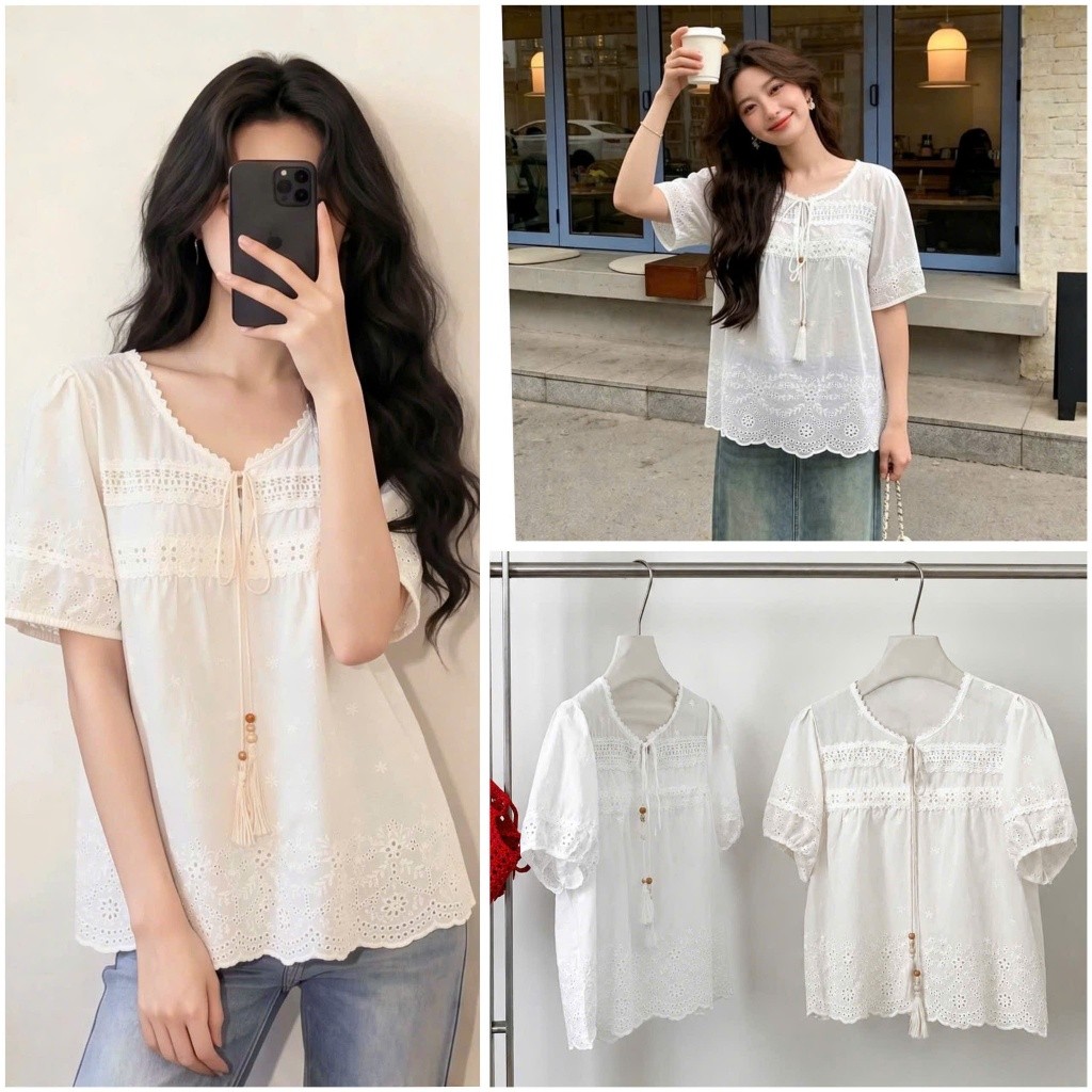 Áo Sơ Mi Thô Boi Hoạ Tiết Hoa Nổi Dây Rút Thắt Nơ Cổ F18 Studio Hàng QC Cao Cấp 257 The Floral Dress