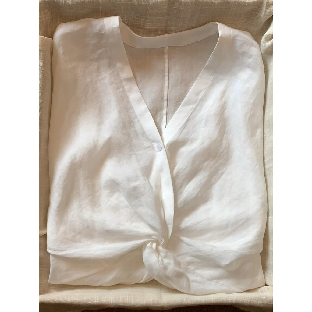 Minimalist Old Money Style White Ramie V Collar Knot Design Shirt Top