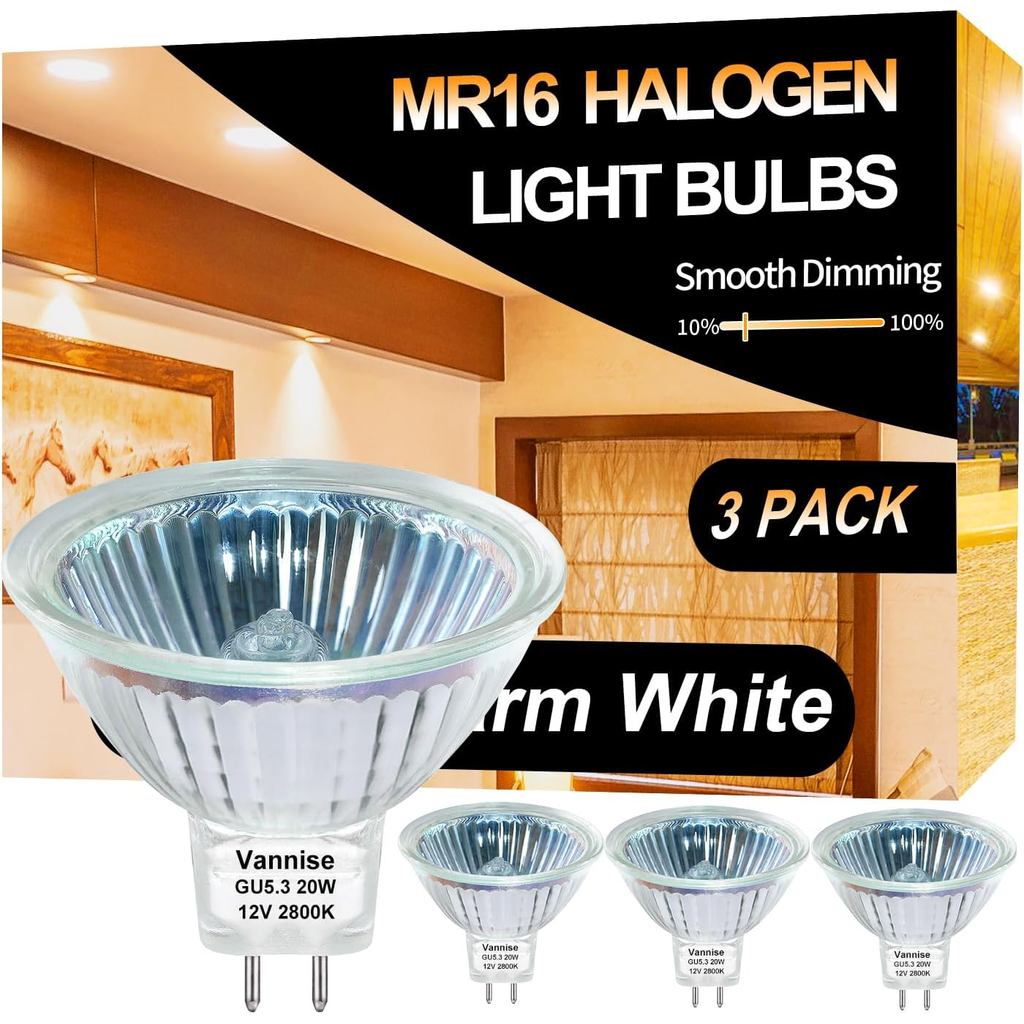 Bóng đèn MR16 20W, Bóng đèn halogen 300LM MR16 công suất cao 20W 12V Trắng ấm 2800K, Đế halogen GU5.